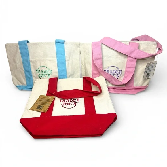 Trader Joe’s Mini Canvas Tote Bags— 2 Pastels (Pink & Blue) + 1 Red (3 total) - Picture 3 of 11